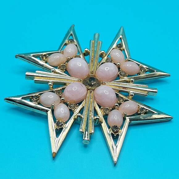 Vintage Maltese Cross Brooch, Pink Cabochons Gray Rhinestones Signed MX233 - Picture 9 of 10